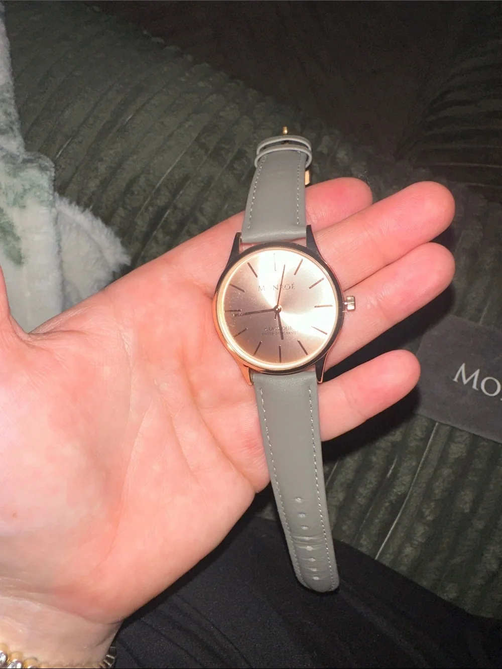 Monroe Rose Gold Dial Watch with Light Gray Leather Band